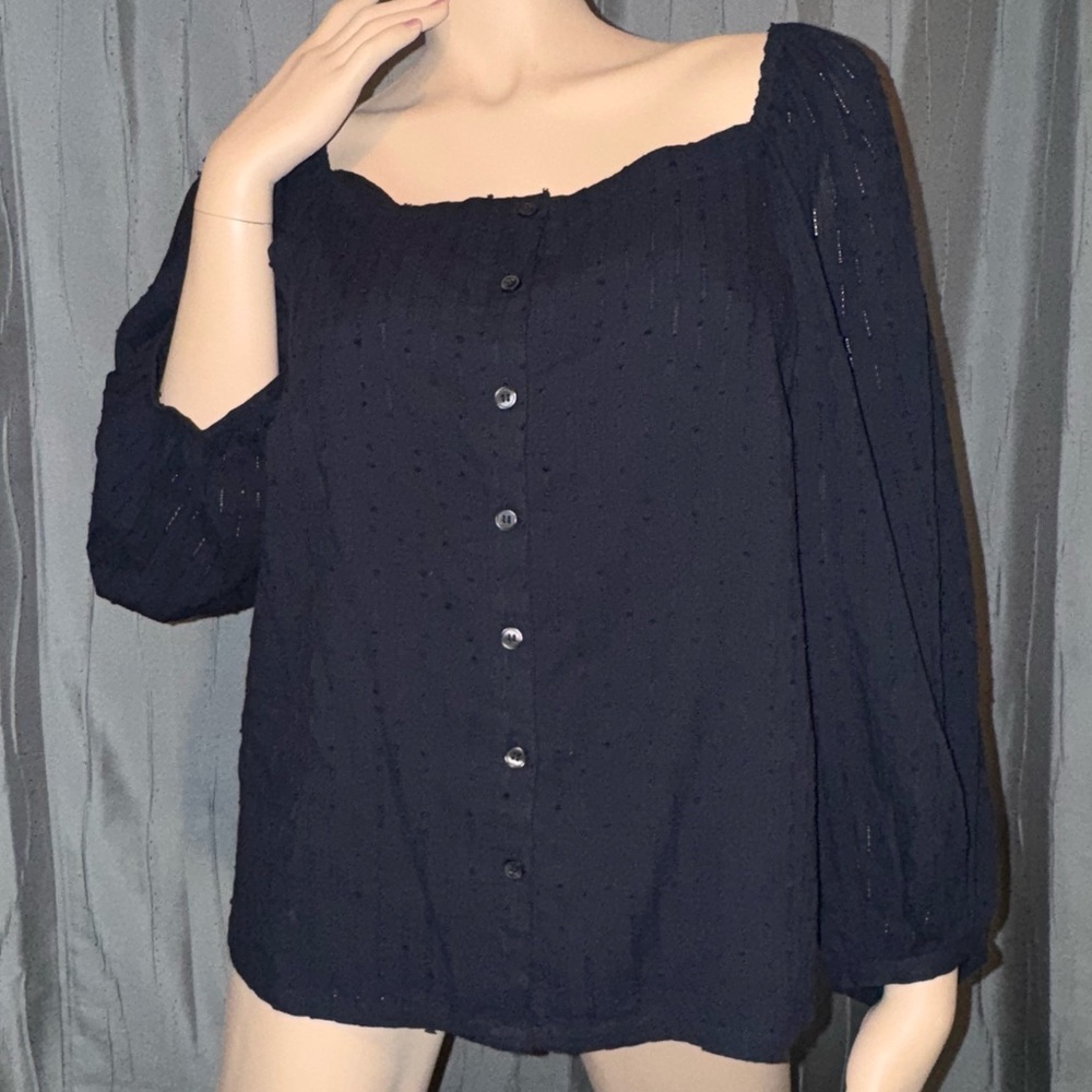 New with tags Ann Taylor Navy Button-Up Puff Sleeve Blouse